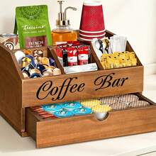 Caja de almacenamiento de madera para barra de café, organizador de rincón de café para encimera, estante de almacenamiento de accesorios de café con múltiples compartimentos, para cápsulas de café, bolsas de té, vasos de papel, pajitas - Color caoba - Ver 4