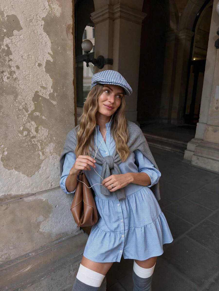 Women's Casual Blue Striped V-Neck Layered Ruffle Hem Mini Dress, Front Button Design, Puff Sleeves, Spring/Summer - Baby Blue - View 1