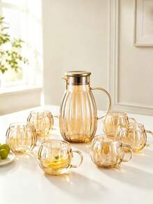 Amber Ribbed Glass Pitcher And Cup Set,1800ML Large Capacity Water Carafe With Gold Lid,6Pcs 430ML Transparent Glass Mugs,Heat-Resistant Beverage Jug For Tea, Juice, Cold Water,Home Tabletop Drinkware For Kitchen & Party - Multicolor - View 2