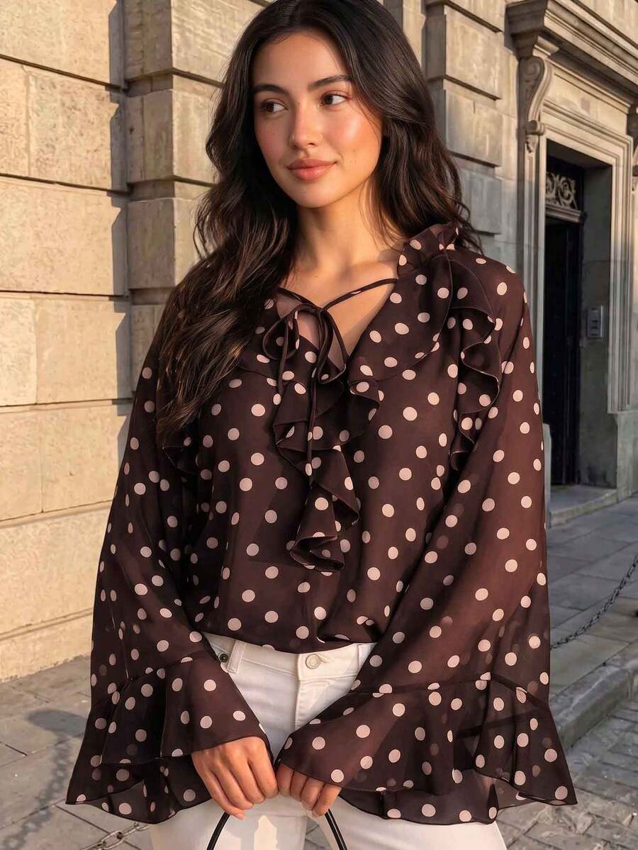 Women's Polka Dot Casual Versatile Daily Wear Top - Brown - View 1