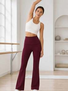 Women's Brown Soft Touch Fold-Over Waist Flare Pants - Burgundy - View 2