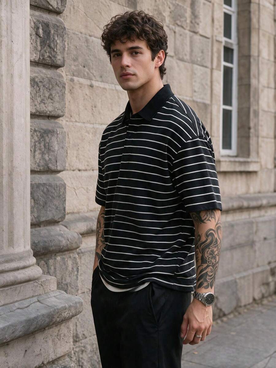 Men's Horizontal Striped Short Sleeve Polo Shirt, Breathable Knit Fabric, Casual Classic Fit Daily Top - Black - View 1