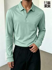 mulinsen Men's Solid Color Long Sleeve Polo Shirt, Casual Loose Fit Stretch Top, Simple Versatile Everyday Wear For Autumn/Winter - Green - View 3