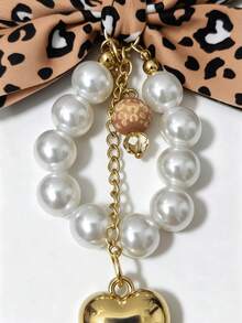 1pc New Leopard Print Fabric Bow Keychain, Sweet Faux Pearl Tassel Pendant With Gold Heart-Shaped Clasp, Key Ring, Car Bag Charm, Holiday Gift - Multicolor - View 6