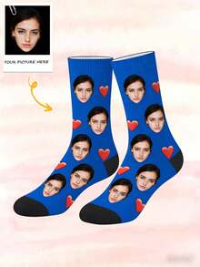 Custom Face Socks For Women, Personalized Photo Black Socks, Unique Birthday Gifts, Funny Custom Face In Socks, Special Holiday Comfort Socks - Blue - View 1