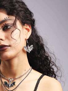 2pcs Vintage Gothic Black Beaded Bat Earrings For Women, Halloween - Black - View 3