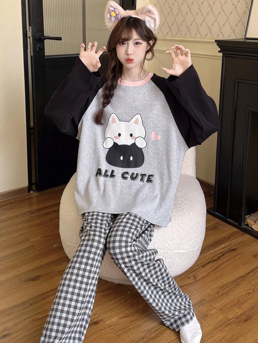 2pcs/Set Women's Spring/Autumn/Winter Cartoon Pajama Set, Casual Sweat-Absorbent Breathable Crew Neck Long Sleeve Long Pants Loungewear - Grey - View 1