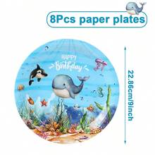 Ocean Animal Theme Party Disposable Paper Tableware Set, Ocean Pattern 8pcs 7-Inch & 9-Inch Birthday Disposable Plates, Whale Pattern 8pcs Paper Cups, Underwater Baptism Whale Style 16pcs Napkins, Suitable For Underwater Theme Party, Birthday, Holiday, Family Gathering & Party Decoration Supplies Set, Christmas - Blue - View 2