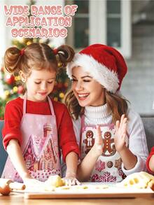2Pcs/1pc Pink Christmas Kitchen Aprons, Gingerbread Man Gingerbread House Printed Adjustable Bib Apron, Waterproof Cooking Baking Apron For Christmas Holiday Party Decor Xmas Gift - Multicolor - View 2