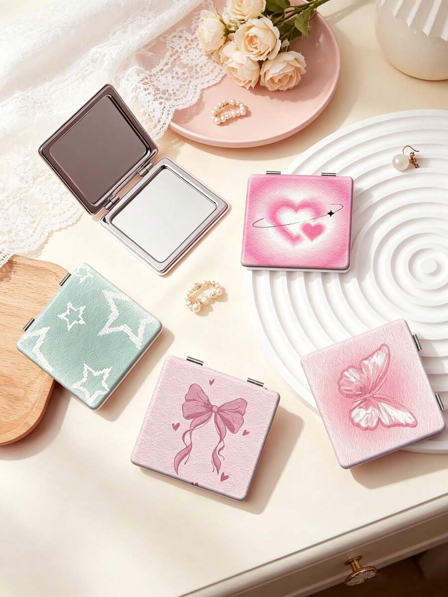 1PC Millennium Y2K Series Portable Vanity Mirror, Foldable Lightweight Ultra-Thin Convenient Hand Mirror, PU Leather, Suitable For Multiple Scenarios And All People, Square Mirror, Pocket Mirror, Cartoon Heart Bow Star Butterfly Pattern Design, Exquisite And Delicate, Easy To Carry, Handheld Makeup Mirror, 180° Flip Cover, Multi-Functional Mini Mirror, Compact Mirror, Mirrors For Daily, Holiday, Birthday, Valentine's Day - Multicolor - View 1