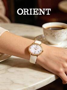 Orient Women's Classic Quartz Watch, White Mother Of Pearl Dial Gold Case Leather Strap 3ATM Water Resistant FUNEK004W0 - Silver - View 4