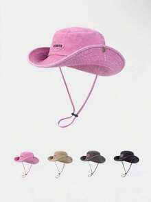 1pc Unisex Sweet Cool Heart Embroidery Pink Patchwork Bucket Hat With Windproof Rope, Outdoor Hiking Climbing Fishing Hat, Sun Protection, Versatile For Outdoor Shopping, Sports, Beach, Cycling, Travel - Pink - View 1