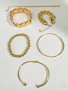 imoli 4pcs/Set Minimalist Hollow Metal Chain Geometric Punk Style Chunky Chain Bracelets, Versatile Jewelry Gift Suitable For Daily Wear, Saudi National Day - Yellow Gold - View 11