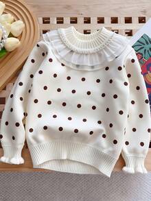 Girls' Sweet Princess Style Polka Dot Sweater, Autumn/Winter New Thick Thermal Lined Mesh Ruffle Collar Knit Top, Baby Soft Pullover Base Layer - White - View 1