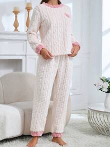Women's White Autumn/Winter Round Neck Heart Pattern Long Sleeve Plush Pajama Set, 2 Pieces Casual Comfortable Loungewear - White - View 5