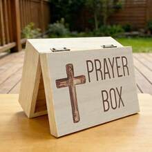 1pc Wooden Storage Box, Sacred Cross And "Prayer Box" Printed Gift Box, Prayer Memorial Box, Home Altar, Office Desk, Bedroom Nightstand Decor Storage Box, Rustic And Spiritual Style, Home Decor - Multicolor - View 8