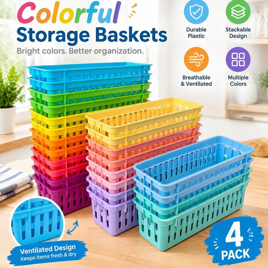 4pcs Stackable Macaron Color Storage Baskets, Thickened Plastic With Dividers Desktop Organizer, Suitable For Classroom Office Drawer Art Supplies Organization, Autumn Desktop Decor Back To School Dorm Supplies Gift - Multicolor - View 1