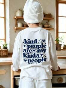 Infant Boy Vintage Face & Text Print Long Sleeve Top, Kind People Slogan Crew Neck T-Shirt, Soft Daily Autumn Outfit For Newborn Baby Boy - White - View 2