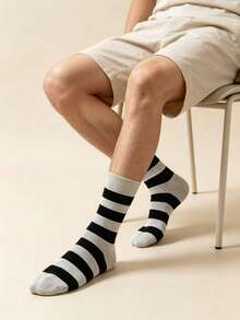 Men's 3-Stripe Striped Mid-Calf Socks, Autumn/Winter Retro Versatile Casual Sports All-Match Socks - Light Grey - View 3