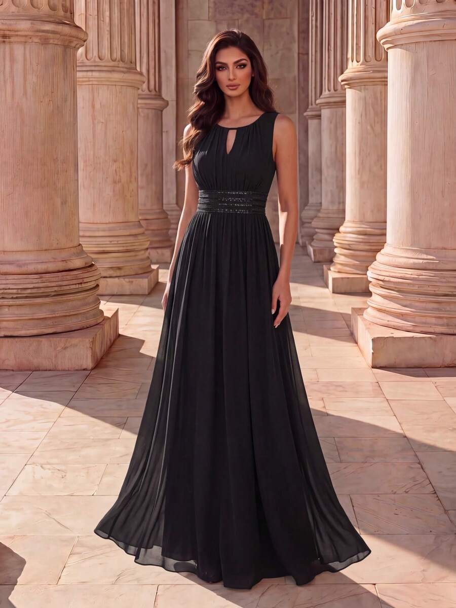 Elegant Romantic Chiffon Backless Ruffle Trim Black Bridesmaid Dress Fall Wedding