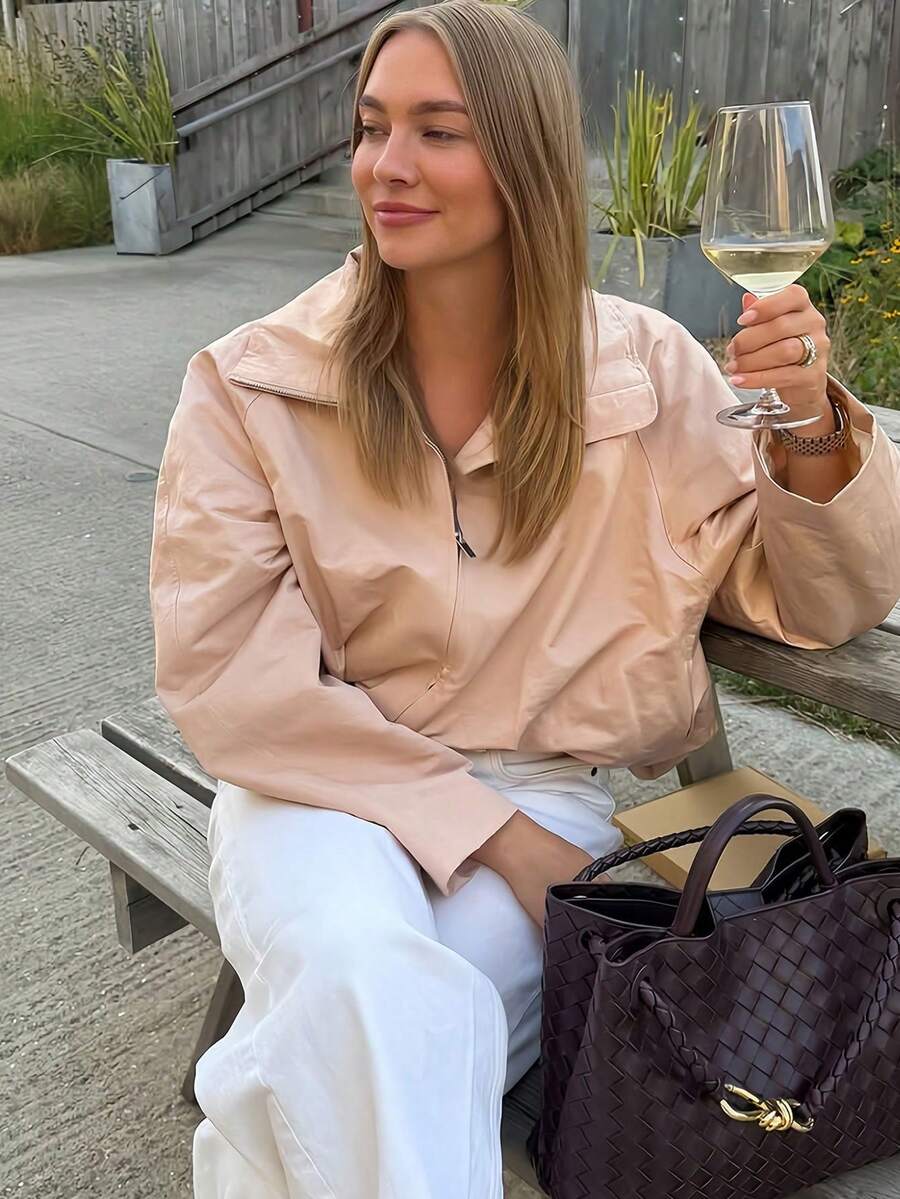 Women's Autumn Stand Collar Zipper Long Sleeve Casual Short Jacket - Pink - View 1