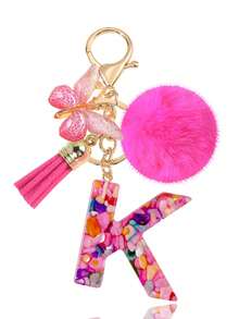 1pc Pink Letter Keychain, Initial Letter Car Key Chain Pendant, Cute Butterfly Tassel Fur Ball Charm For Girls Bag Key Ring Accessory, Halloween Gift Decoration, Suitable For Decorating Handbags, Wallets, Backpacks, Valentine's Day, Bachelorette Party Gift - Hot Pink - View 16