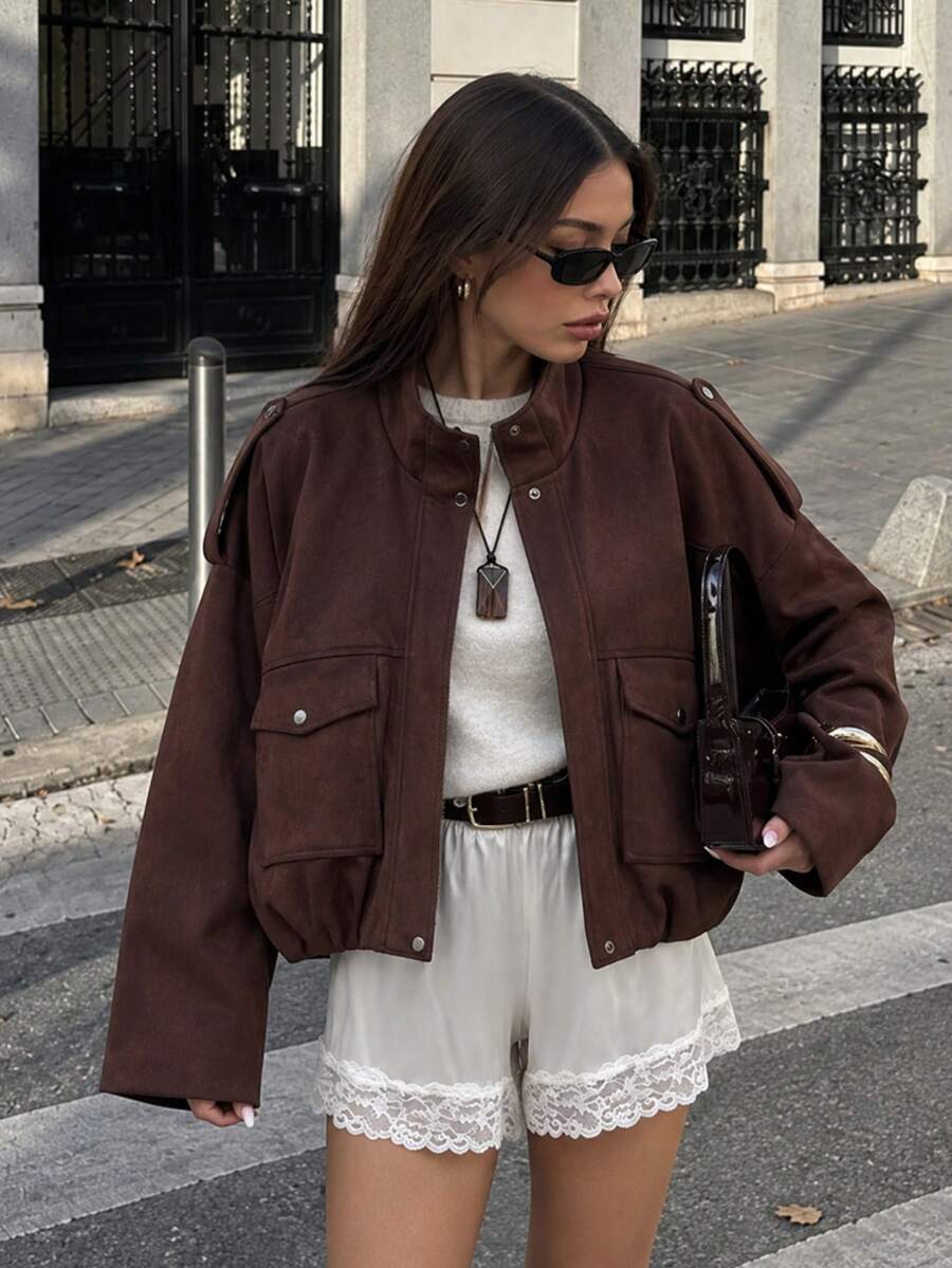 Women Pocket Loose Jacket Fall For Women Stand Collar Long Sleeve Coat Female Outerwear Chic Top - Burgundy - View 1