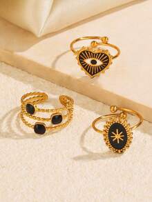 3pcs Stainless Steel Black Mysterious Fashion Elegant Geometric Heart & Oval Line Ring Set Suitable For Women Daily Wear, Festivals, Dates - Multicolor - View 3
