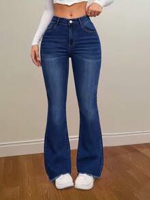 Plus Size Stretch Flare Leg Jeans With Frayed Hem, Solid Color Denim Fabric, Pockets, Casual Everyday Wear For All Seasons - Blue - View 2