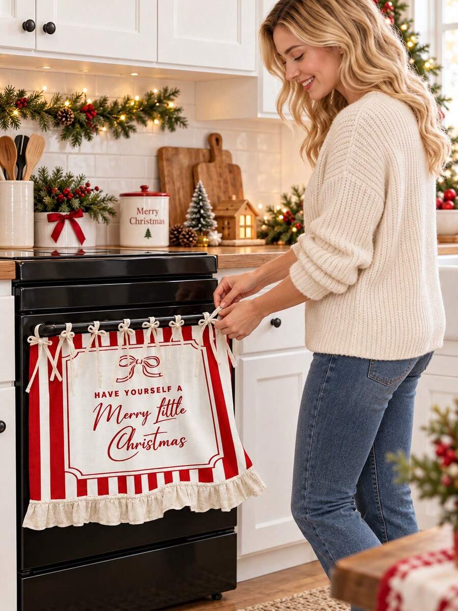1pc 2D Red And White Striped Ruffle Multi-Functional Decorative Curtain, Suitable For Kitchen Skirt, Oven Cover, Washing Machine, Dishwasher, Bathroom Window Decoration And Kitchen, Halloween Kitchen Apron - Multicolor - View 1