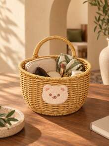 1pc Woven Rattan Style Storage Basket, High Handle Design, 6 Shapes Available, Suitable For Christmas And Saudi National Day Decoration, Gift Display, Wedding Arrangement, Entryway Storage And Home Decor, Select 1pc Per Style, Props Not Included - Wisteria - View 3
