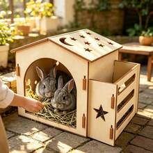 1pc Wooden Rabbit Hamster Cabin With Side Hay Feeding Trough, Star Moon Hollow Rabbit Nest, Natural Wooden Pet Shelter, Suitable For Rabbits, Guinea Pigs, Hamsters - one-size - View 4