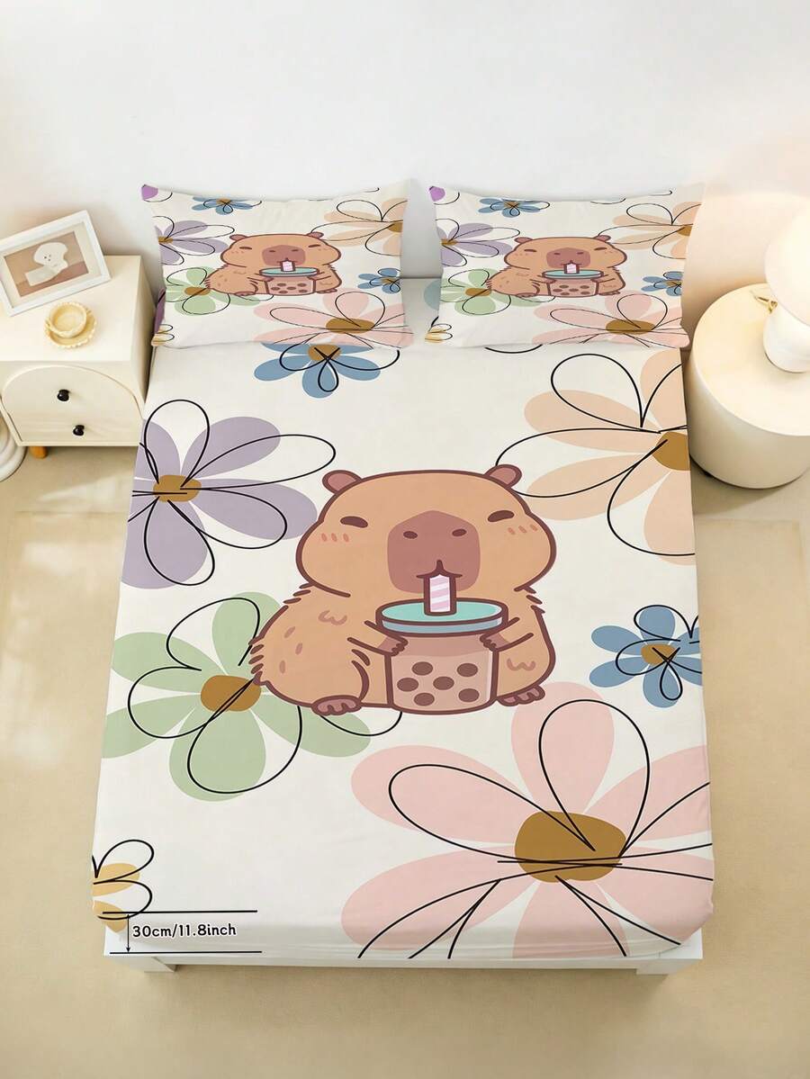 2/3PCS Capybara Bubble Tea Floral Fitted Sheet Deep Pocket 30cm Cartoon ...