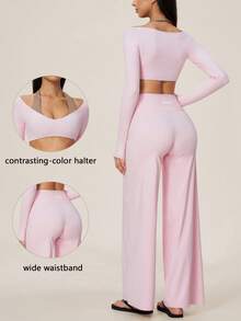 TimeOff Women's One Set Autumn/Winter Colorblock Halter V-Neck 2 In 1 Long Sleeve Cropped Top & Cross V-Waist Wide Leg Pants Yoga Set - Pink - View 11
