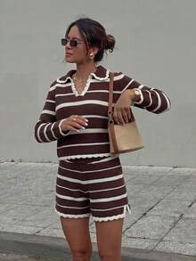 Autumn/Winter Women's American Vintage Colorblock Striped Polo Collar Knit Set, Ruffle V-Neck Cropped Sweater + High-Waist Shorts 2 Pieces Set - Brown and White Stripes - View 6