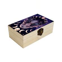 1pc Handmade Wooden Storage Box, Mysterious Moon Phase And Charming Female Illustration Gift Storage Box, Jewelry Organizer Box, Bedroom Decor Keepsake Box, Vanity Organizer, Spiritual Altar Display, Bohemian And Witch Style Home Decor - Multicolor - View 7