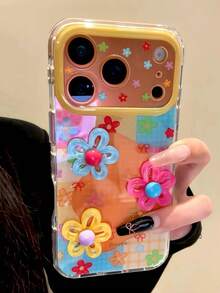 Cute Dopamine 3D Flower Camera Lens Protective Phone Case Compatible With IPhone 18 Pro Max 18 Pro 17 Pro Max 17 Pro 16 Pro 16 Pro Max 15 Pro Max 15 Pro 14 Pro Max 14 Pro 13 Pro Max 13 15 17 16 Design Fashionable Plaid Pattern Cover Durable Shell - Colored Flowers - View 5