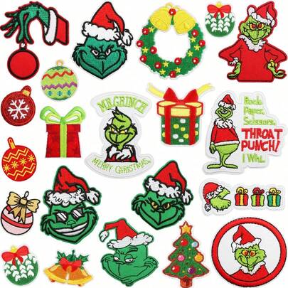The Grinch 10pcs Random Green Monster Embroidered Patches, Christmas Costume Patch Stickers, Cartoon Green Monster Embroidery Badges, Iron-On Or Sew-On For Clothes, Backpacks, Hats, Christmas Holiday DIY Handmade Accessories, Clothing Repair Patches, Party Outfit Modification Accessories, Christmas Theme Embroidery Patches, Holiday Handmade Craft Small Accessories
