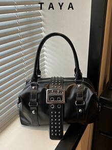 Women's Y2K Punk Style Faux Leather Rivet Buckle Decor Handbag, Vintage Gothic Large Capacity Crossbody Shoulder Bag, Suitable For Daily Streetwear - Black - View 2