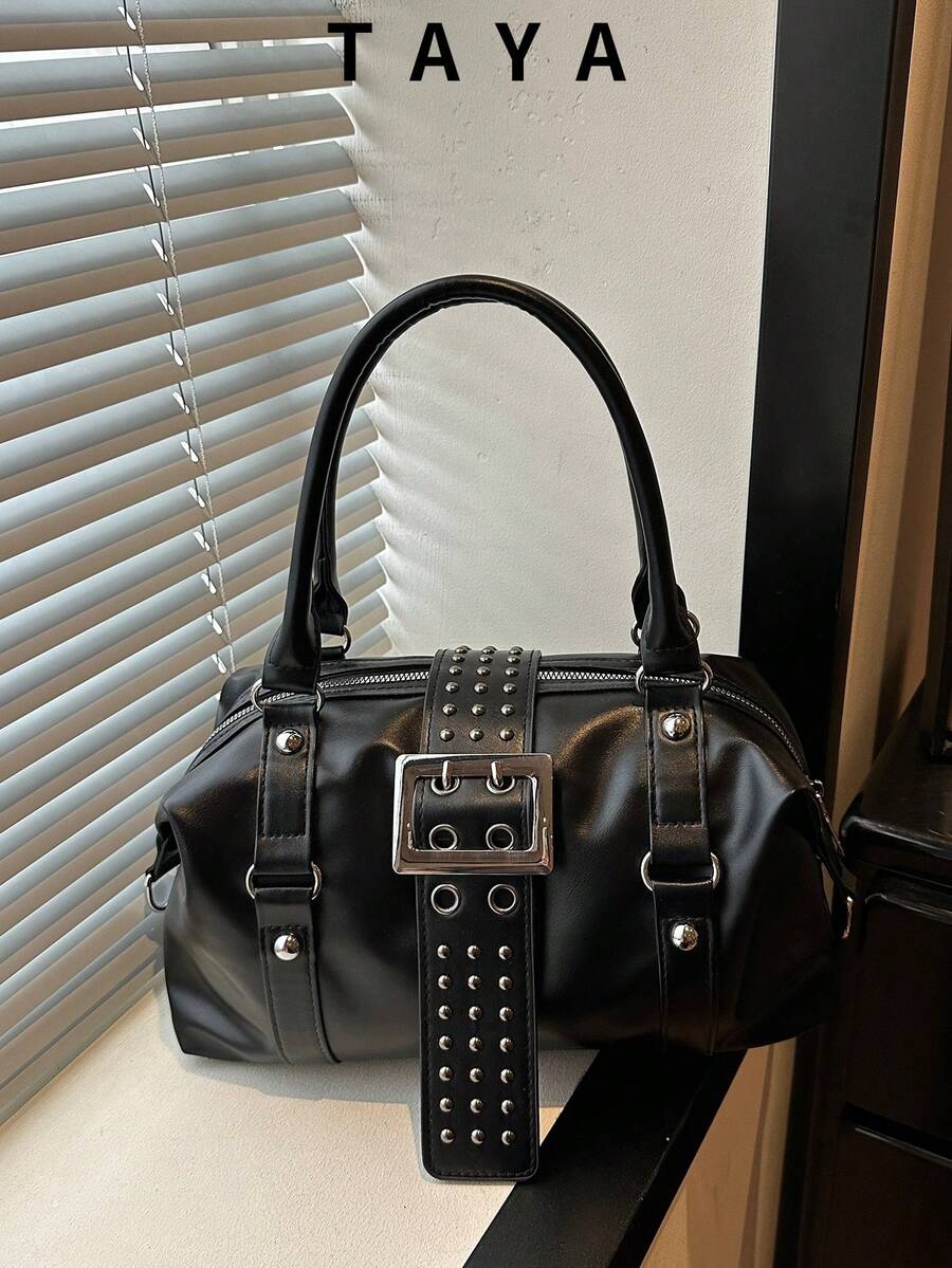 Women's Y2K Punk Style Faux Leather Rivet Buckle Decor Handbag, Vintage Gothic Large Capacity Crossbody Shoulder Bag, Suitable For Daily Streetwear