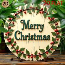 Vintage Country Style 2D Flat Round Christmas Hanging Ornament, Decorated With Holly Berry Wreath, Holiday Home Door Decor, 2D Flat Design, Perfect For Room Decoration (Random Hole Position) - A - View 7