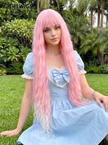 7JHH WIGS Halloween Extra Long Grey Cosplay Wig For Women 44 Inch Wavy Wig With Bangs, Fluffy Synthetic Heat-Resistant Costume Wig For Cosplay Wear,Party Carnival Festivals Use( Pink, Green, Red ) - Multicolor - View 5