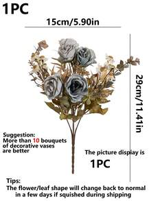 1pc Vintage Artificial Rose Bouquet, Faux Silk Fall Mixed Flower Bunch With Dried Look Greenery, Autumn Wedding Table Centerpiece & Halloween Home Vase Decor - Blue - View 3