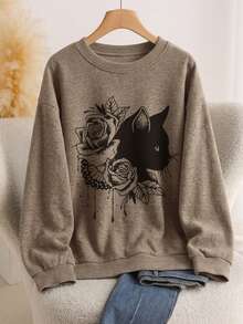 Women's Plus Size Sweater, Cat & Floral Pattern, Comfortable Autumn/Winter Women's Clothing, Long Sleeve Crew Neck - Khaki - View 1