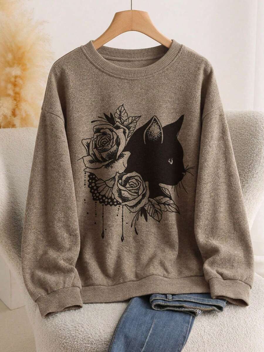 Women's Plus Size Sweater, Cat & Floral Pattern, Comfortable Autumn/Winter Women's Clothing, Long Sleeve Crew Neck - Khaki - View 1