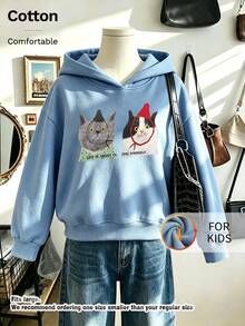 Kids Hooded Sweatshirt, Two Cute Cats With Hat Quote Letter Graphic Print Thick Fleece Lined Pullover For Kids - Blue - View 1