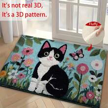 1pc Cat And Floral Print Design Microfiber Bath Rug, Non‑Slip Soft Bathroom Mat, Water‑Absorbent Doormat, Machine Washable, Low Pile, TPR Backing, Knit Fabric, For Bedroom, Kitchen, Entryway, Indoor Use, Home Decor, Perfect New House Gift. - A - View 5