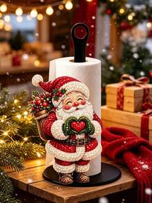 2D Flat Christmas Decor Kitchen Paper Towel Holder (No Power Light) - Desktop Tabletop Roll Holder With Display And Storage Function, Fun Faux Pearl Santa Claus Design, Suitable For Kitchen, Bathroom, Living Room And Dining Room, Decorative Ornament To Create Warm Christmas Atmosphere. 2D, Not 3D - Multicolor - View 3