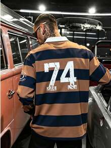 American Collegiate Style Khaki & Navy Striped Long Sleeve Polo Distressed Digital Embroidery Loose Fit Rugby Shirt - Khaki - View 3
