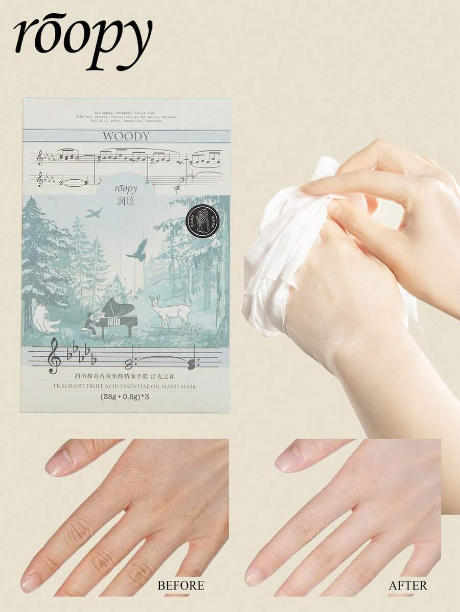 Roopy 3 Pcs Masker Tangan Asam Buah, Untuk Tangan Kering dan Pecah-pecah, Masker Tangan Ekstrak Botani Wangi, Melembapkan dan Mencerahkan, Menghaluskan untuk Kulit Kering dan Memperbaiki, Mengurangi Garis Halus, Kulit Lembut - Hutan Cahaya Tersaring - View 1